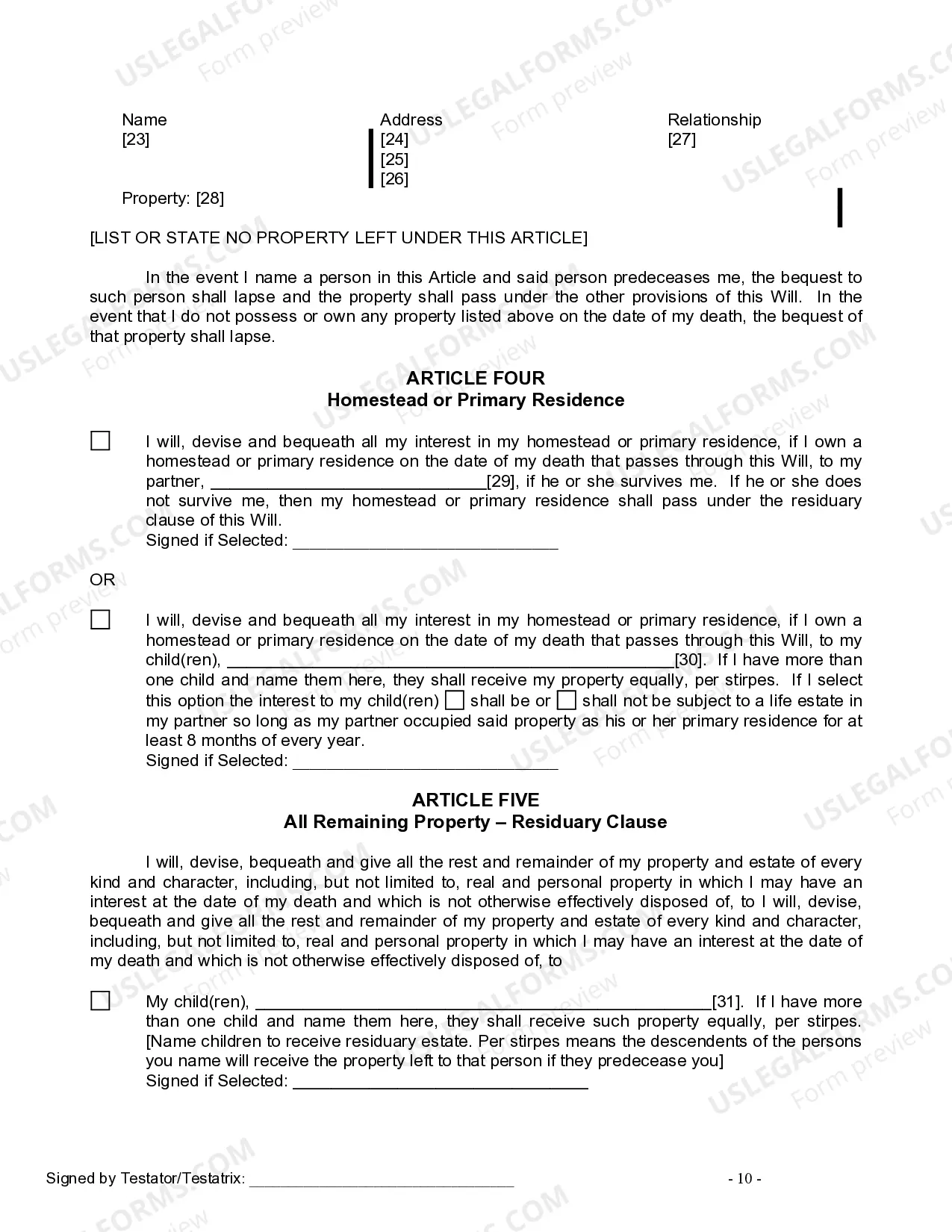 Preview Last Will and Testament for Civil Union Partner with Minor Children from Prior Marriage