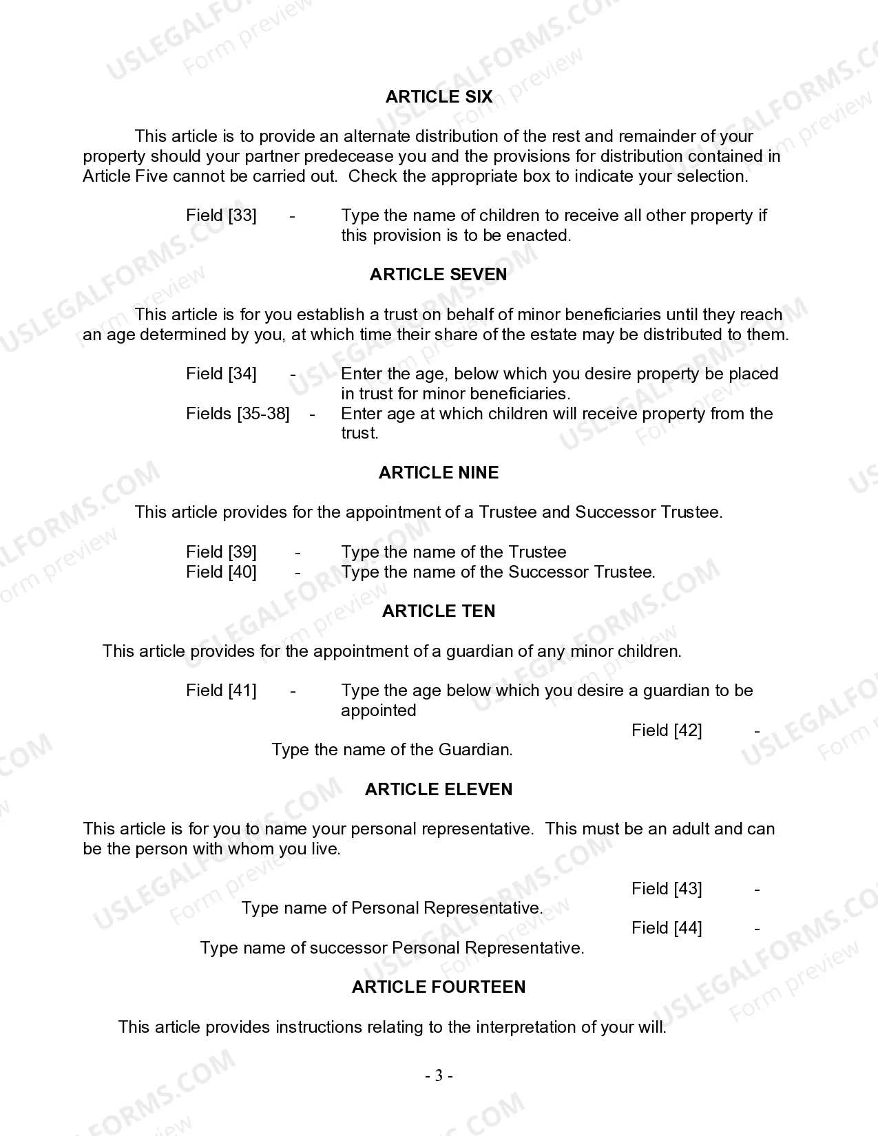 Preview Last Will and Testament for Civil Union Partner with Minor Children from Prior Marriage