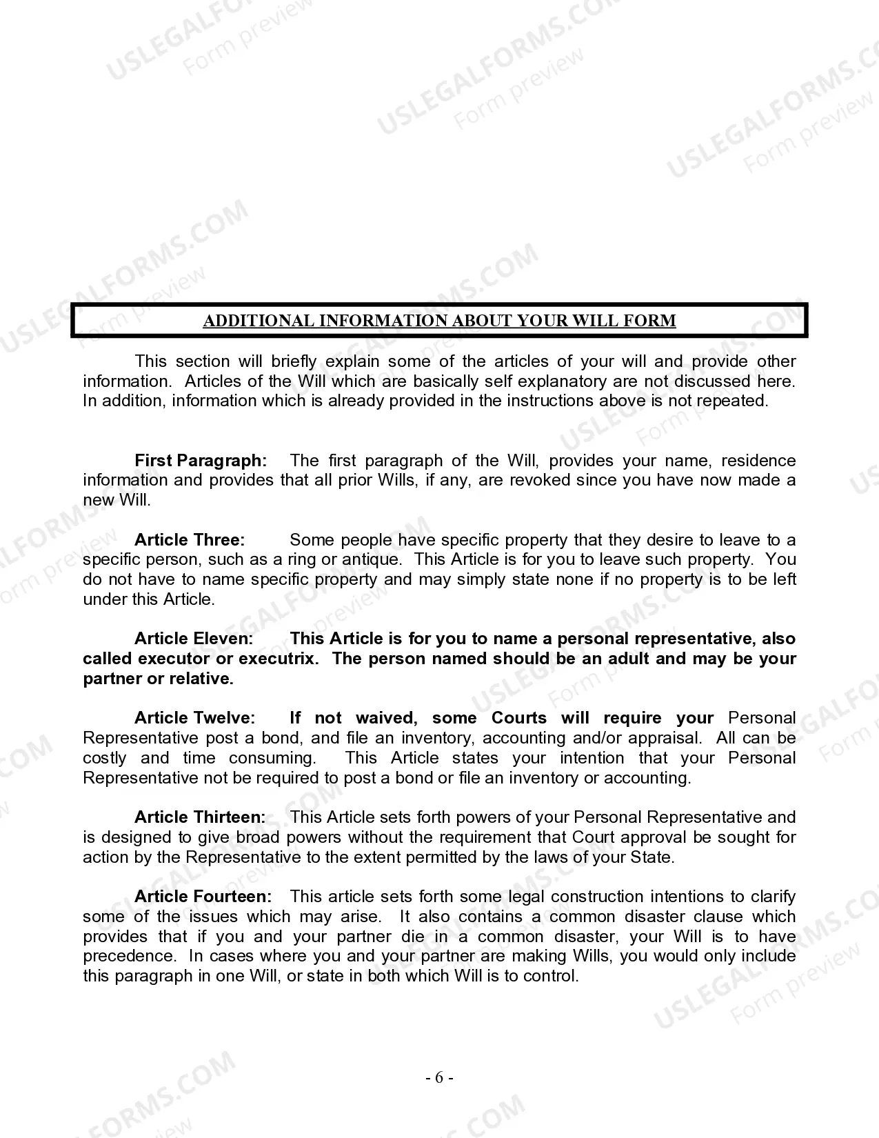 Preview Last Will and Testament for Civil Union Partner with Minor Children from Prior Marriage