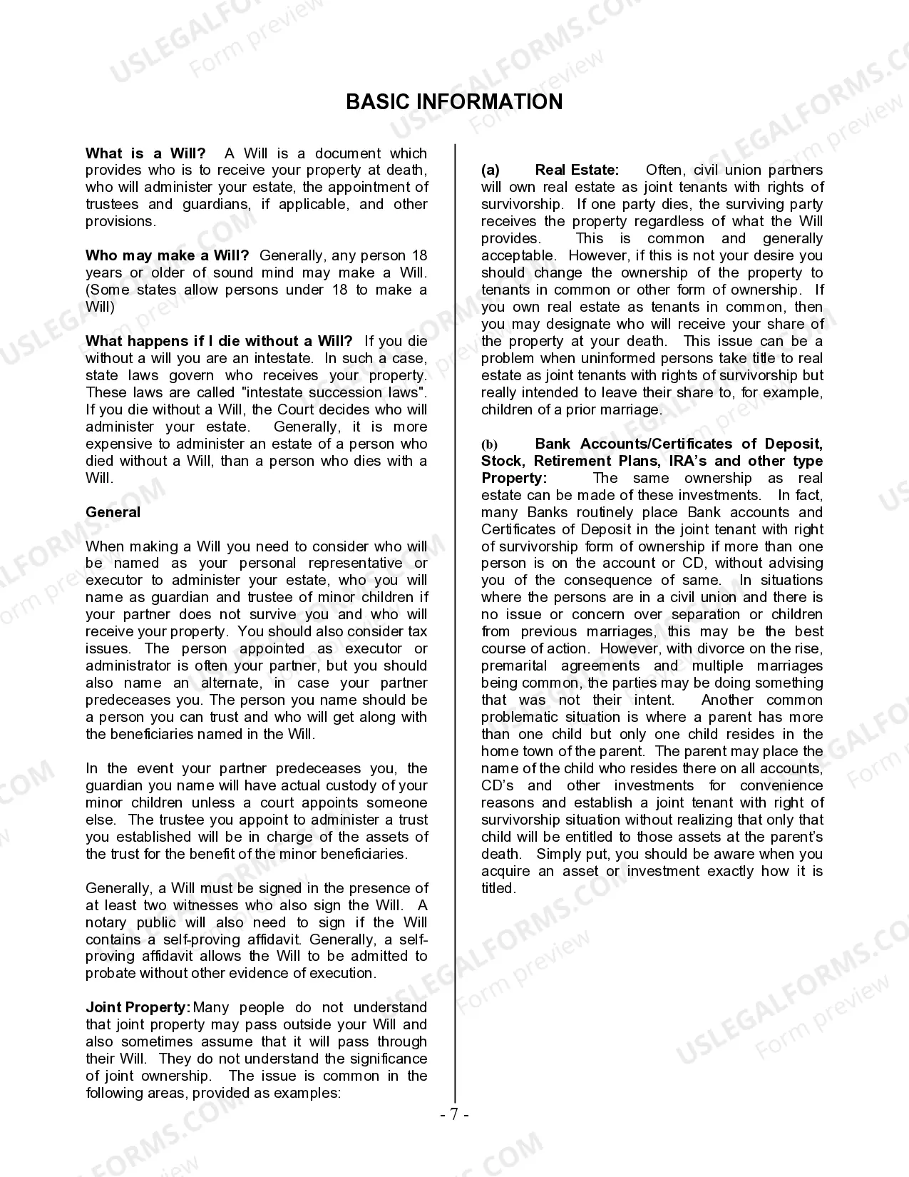 Preview Last Will and Testament for Civil Union Partner with Minor Children from Prior Marriage