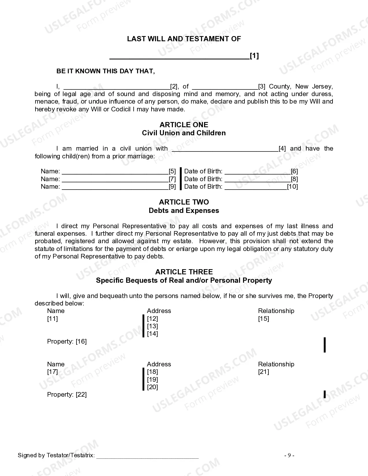 Preview Last Will and Testament for Civil Union Partner with Minor Children from Prior Marriage