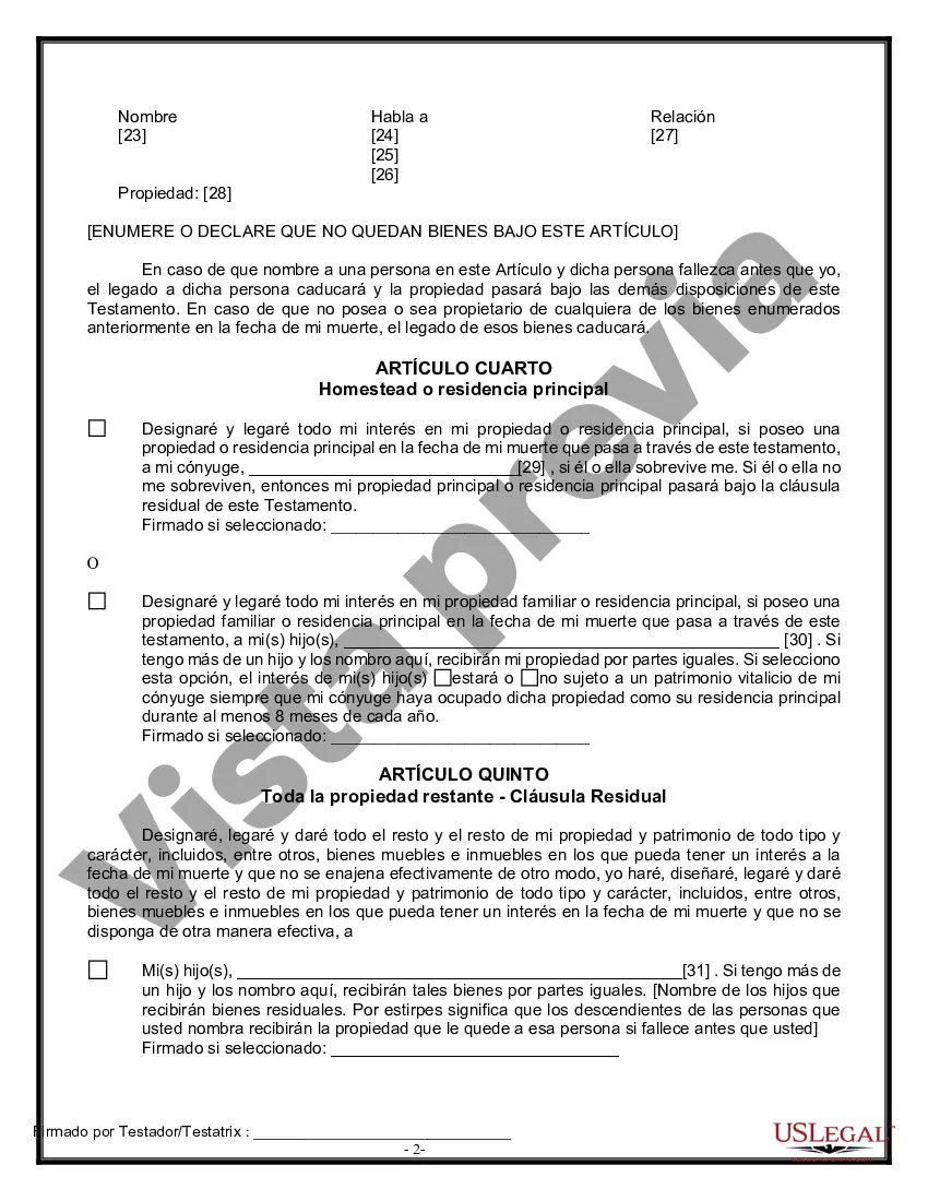 Preview Última voluntad y testamento legal para persona casada con hijos menores de edad de un matrimonio anterior