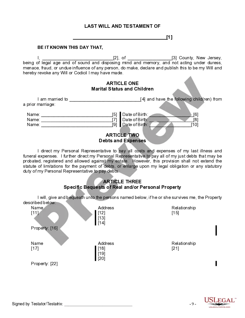 Preview Last Will and Testament for Married Person with Minor Children from Prior Marriage