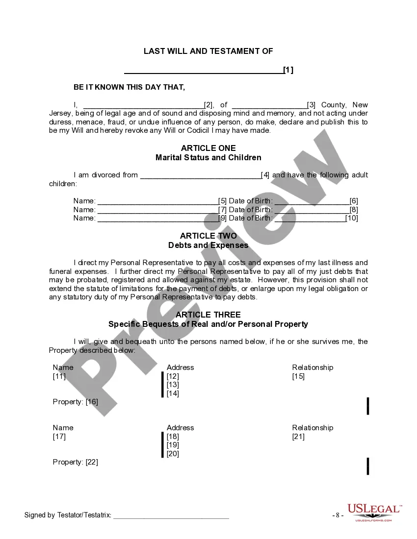 Preview Last Will and Testament for Divorced Person not Remarried with Adult Children