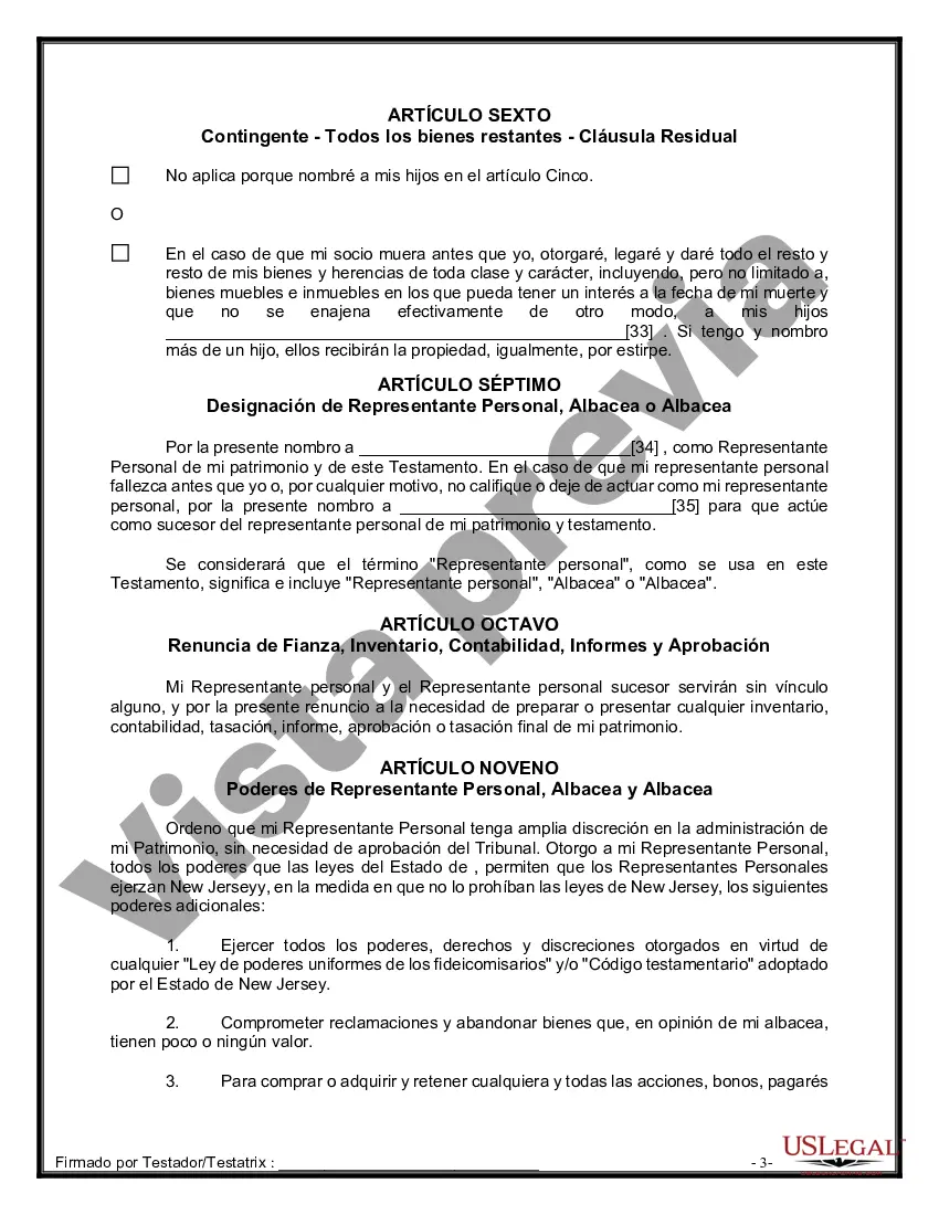 Preview Formulario de última voluntad y testamento legal para pareja de hecho con hijos adultos de un matrimonio anterior