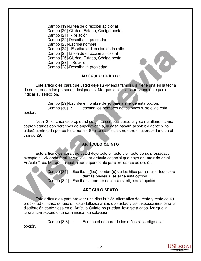 Preview Formulario de última voluntad y testamento legal para pareja de hecho con hijos adultos de un matrimonio anterior