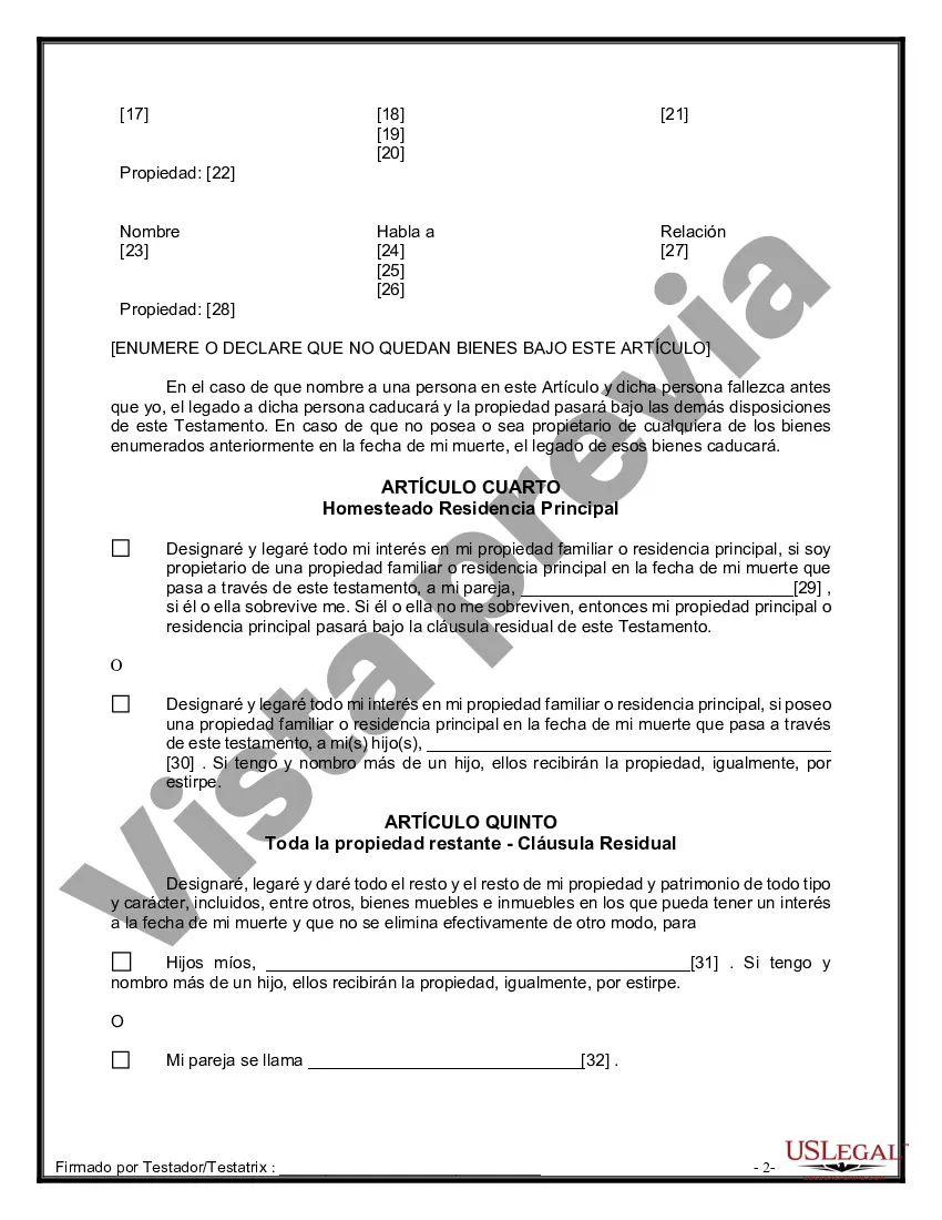 Preview Formulario de última voluntad y testamento legal para pareja de hecho con hijos adultos de un matrimonio anterior