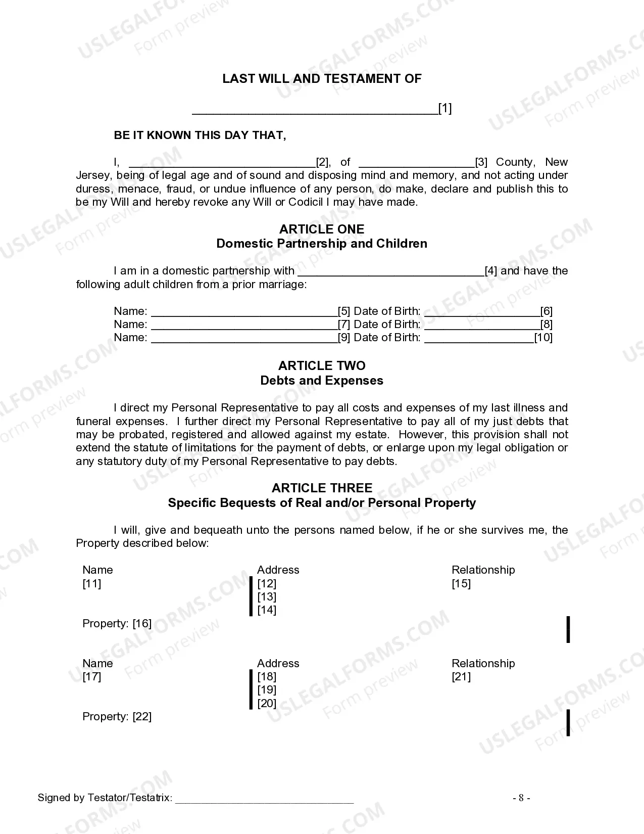 Preview Last Will and Testament for Domestic Partner with Adult Children from Prior Marriage