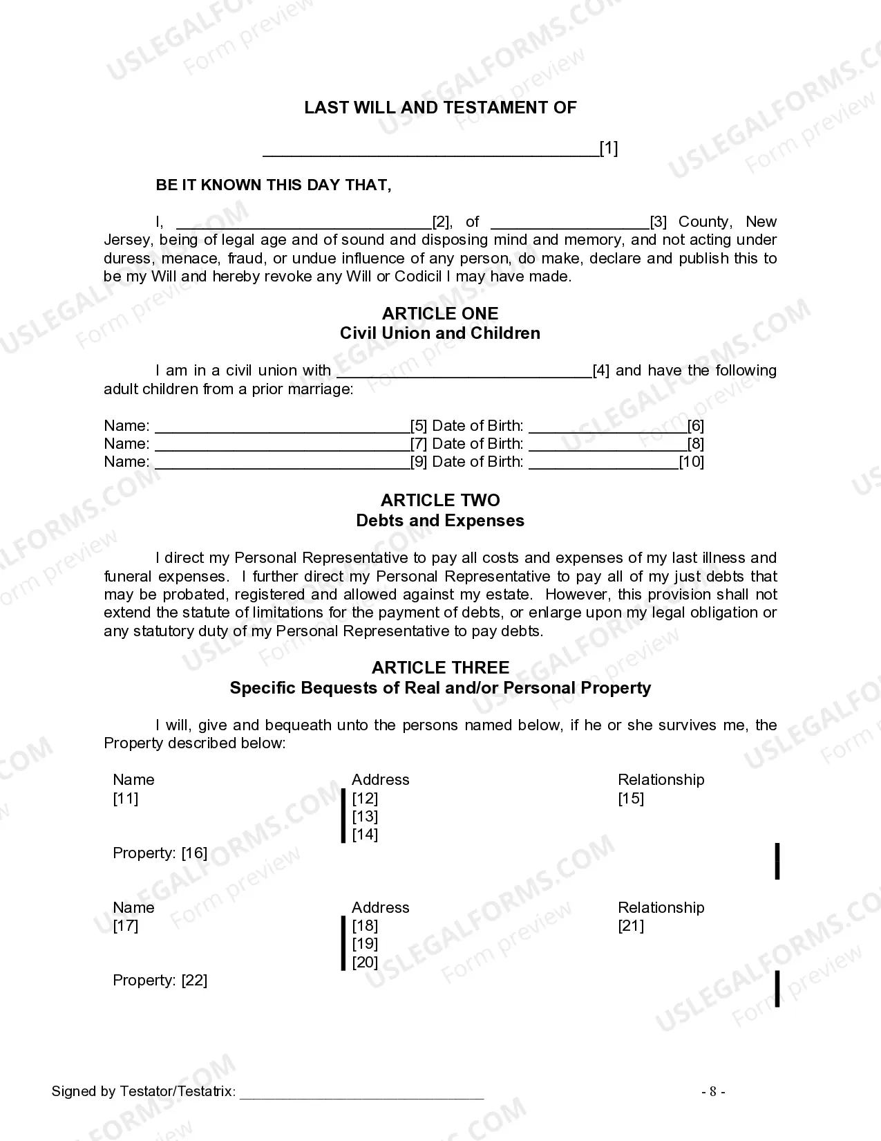 Preview Last Will and Testament for Civil Union Partner with Adult Children from Prior Marriage