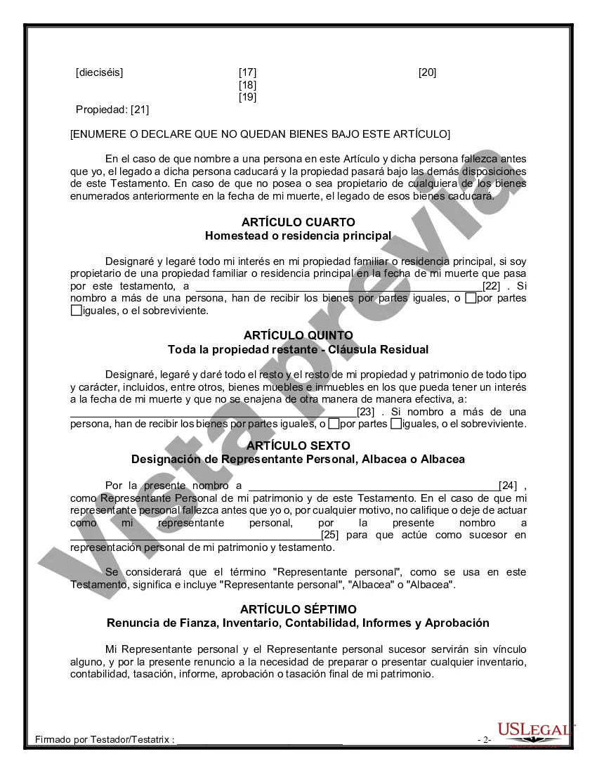 Preview Formulario de última voluntad y testamento legal para personas divorciadas que no se han vuelto a casar y no tienen hijos