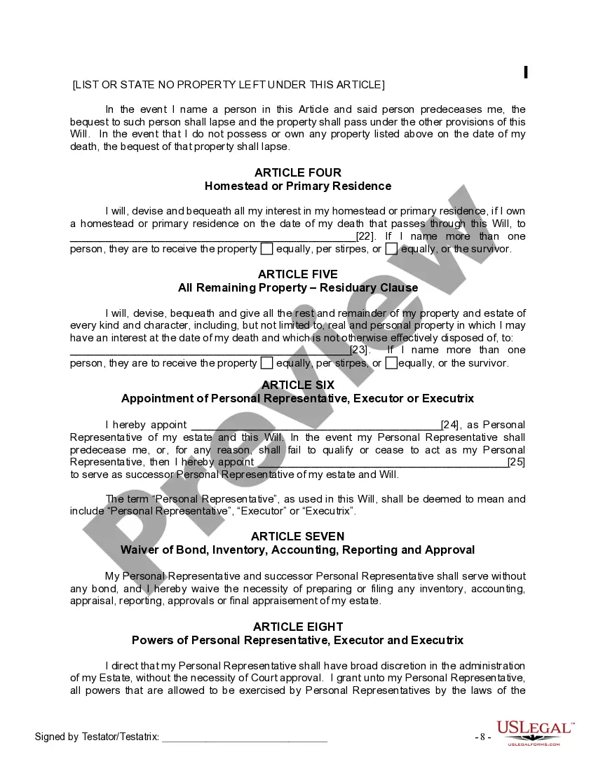 Preview Last Will and Testament for Divorced Person Not Remarried with No Children