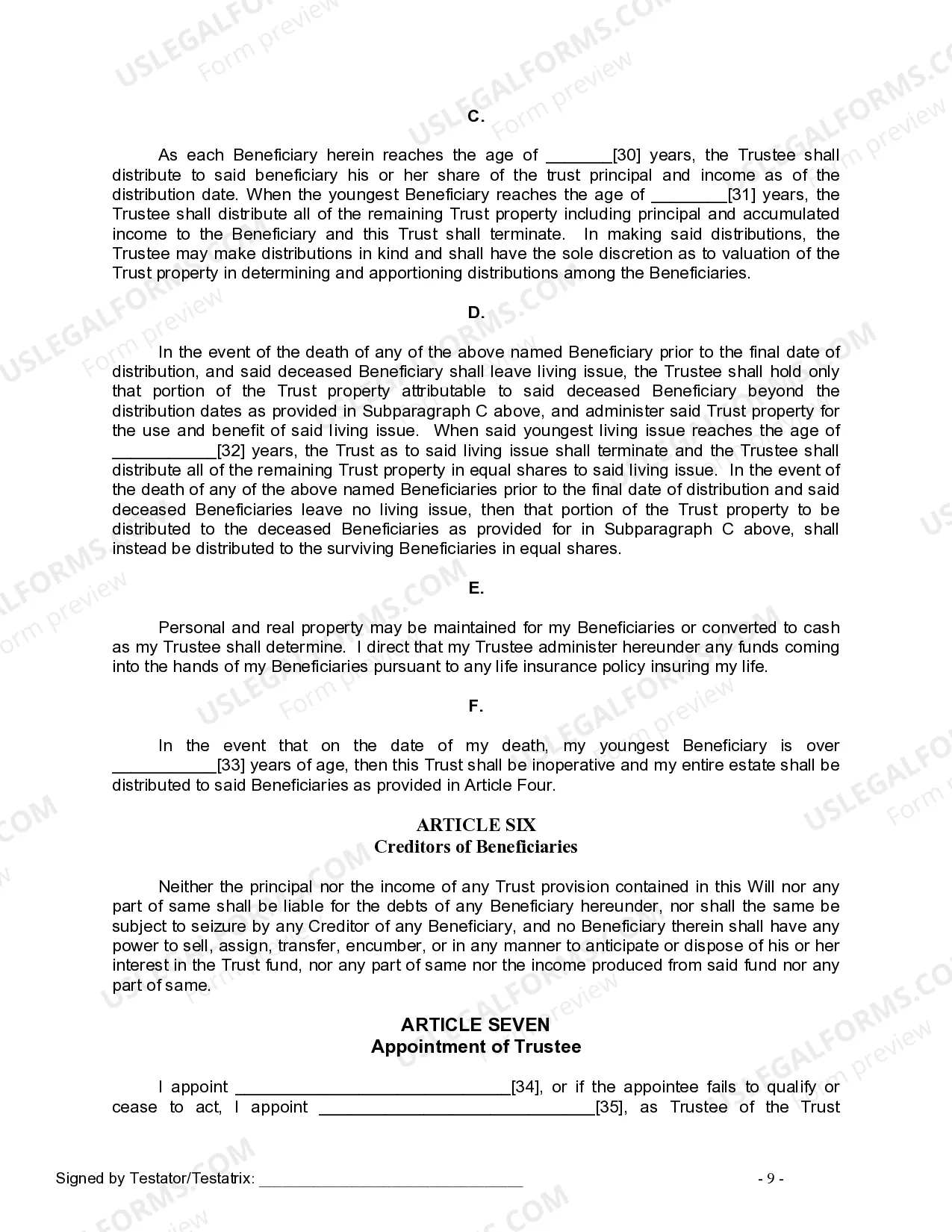 Preview Last Will and Testament for Divorced person not Remarried with Minor Children