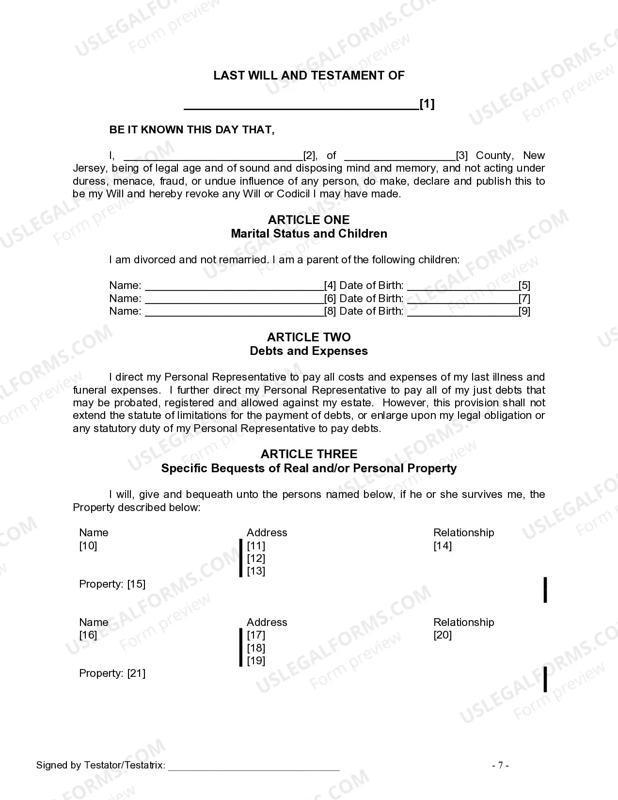 Preview Last Will and Testament for Divorced person not Remarried with Minor Children