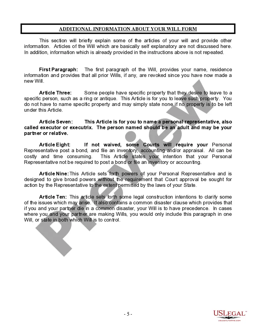 Preview Last Will and Testament for a Civil Union Partner with Adult Children