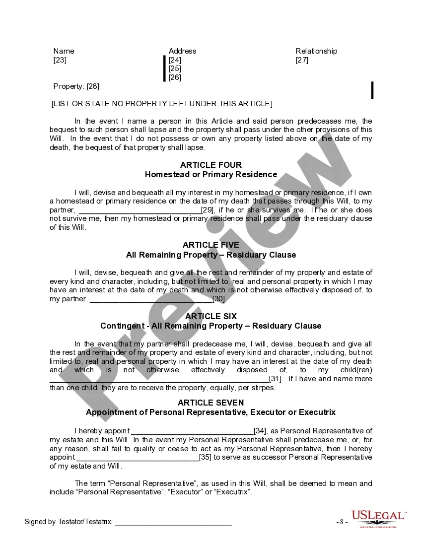 Preview Last Will and Testament for a Civil Union Partner with Adult Children
