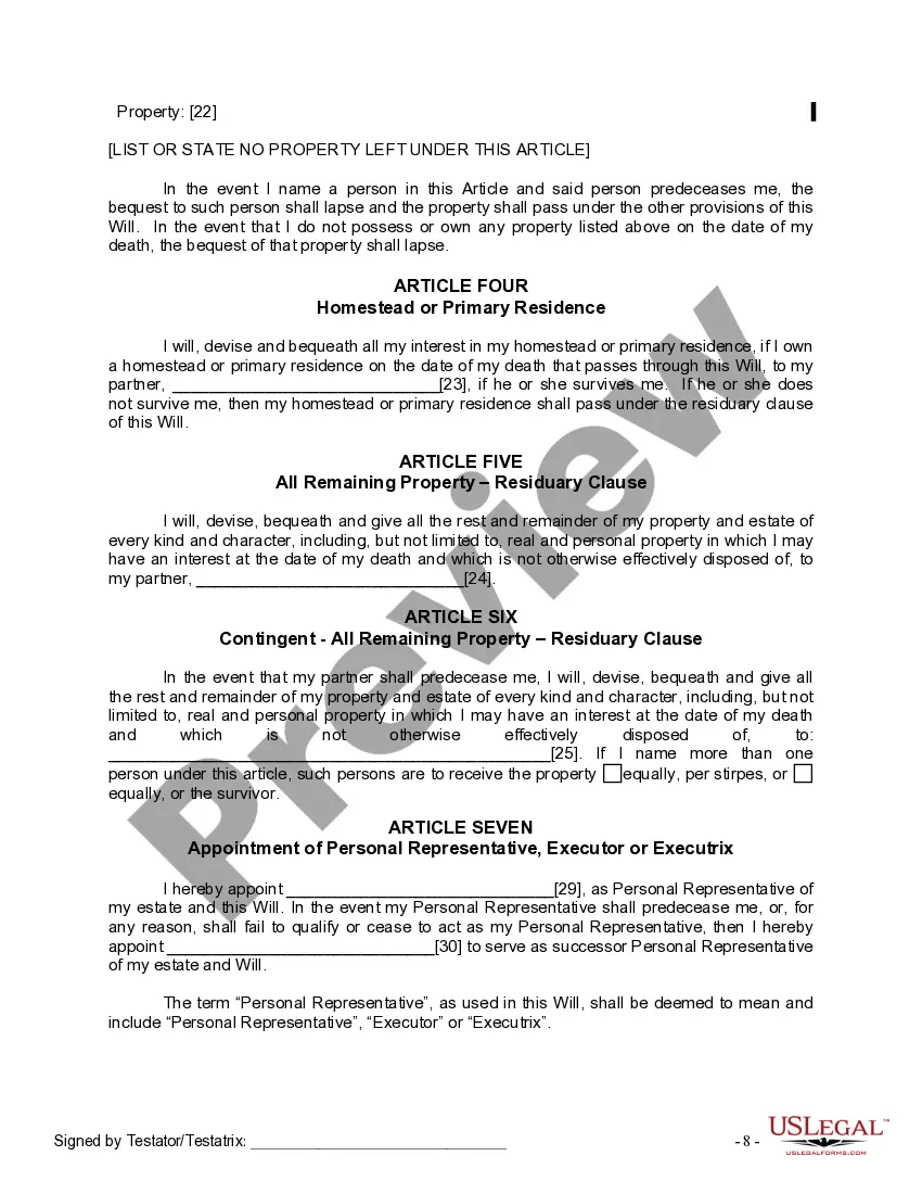 Preview Last Will and Testament for a Domestic Partner with No Children