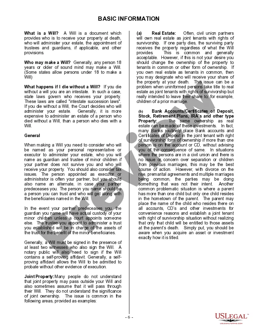 Preview Last Will and Testament for a Civil Union Partner with No Children