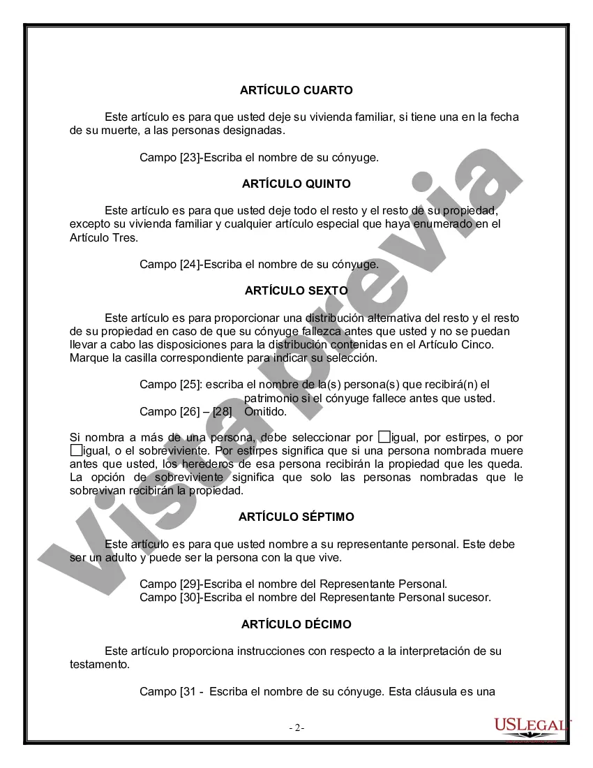 Preview Formulario de última voluntad y testamento legal para una persona casada sin hijos