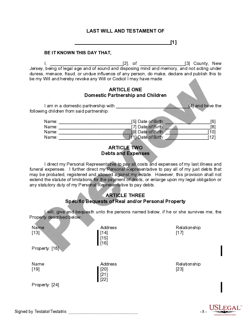 Preview Last Will and Testament for Domestic Partner with Minor Children