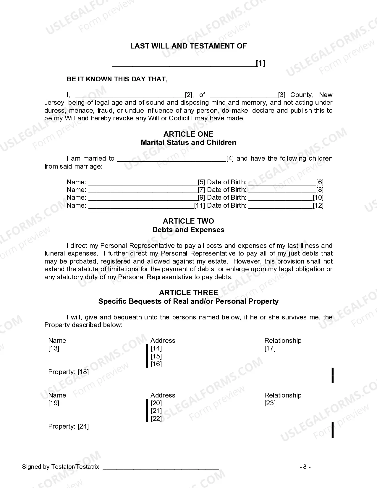 Preview Last Will and Testament for Married Person with Minor Children