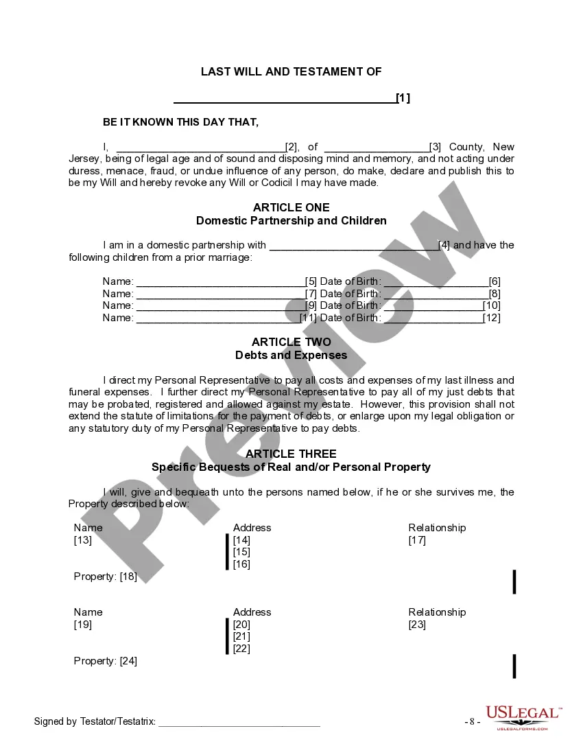 Preview Last Will and Testament for Domestic Partner with Adult and Minor Children from Prior Marriage