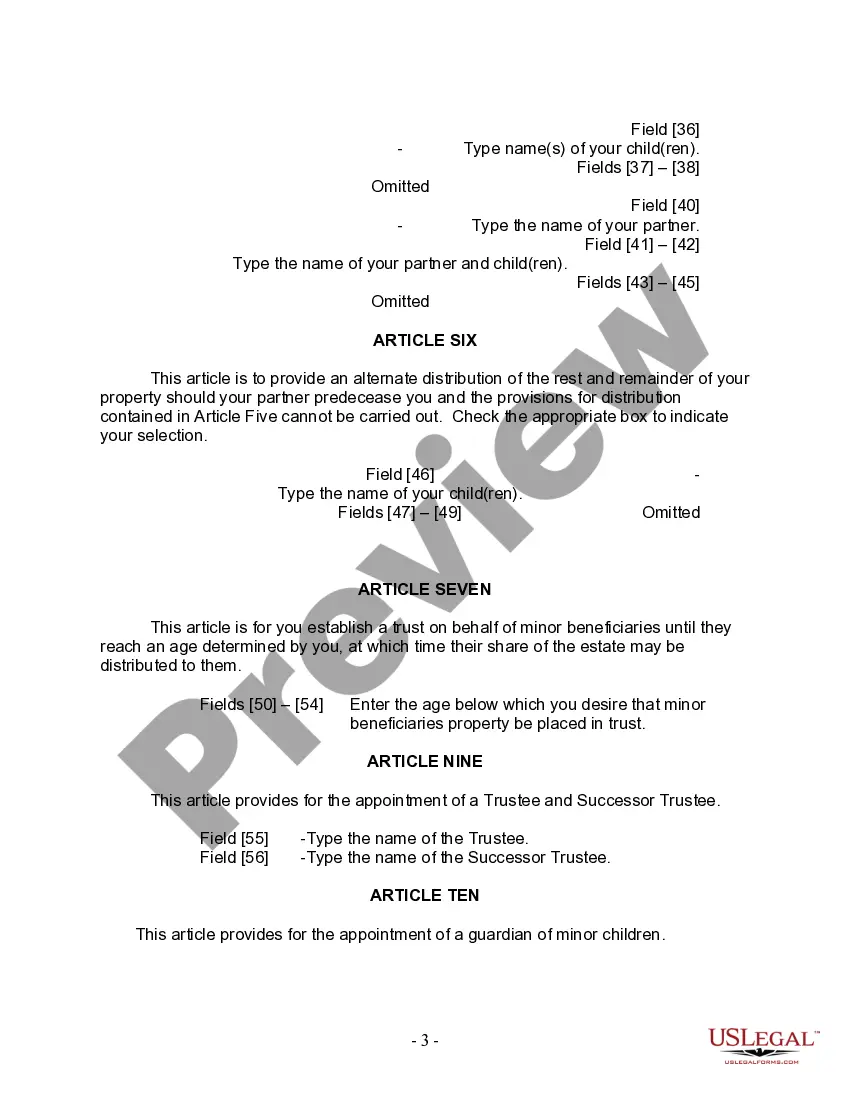 Preview Last Will and Testament for a Civil Union Partner with Adult and Minor Children from Prior Marriage