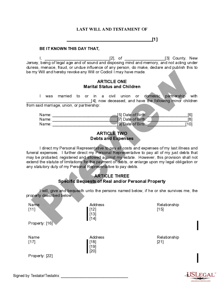 Preview Last Will and Testament for Widow or Widower with Minor Children