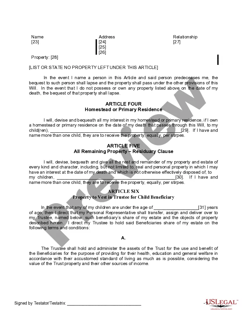 Preview Last Will and Testament for Widow or Widower with Minor Children