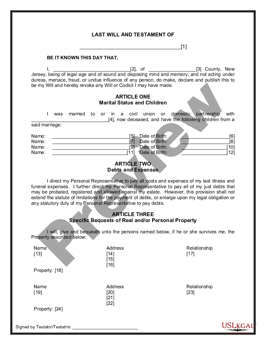 New Jersey Legal Last Will and Testament Form for a Widow or Widower ...