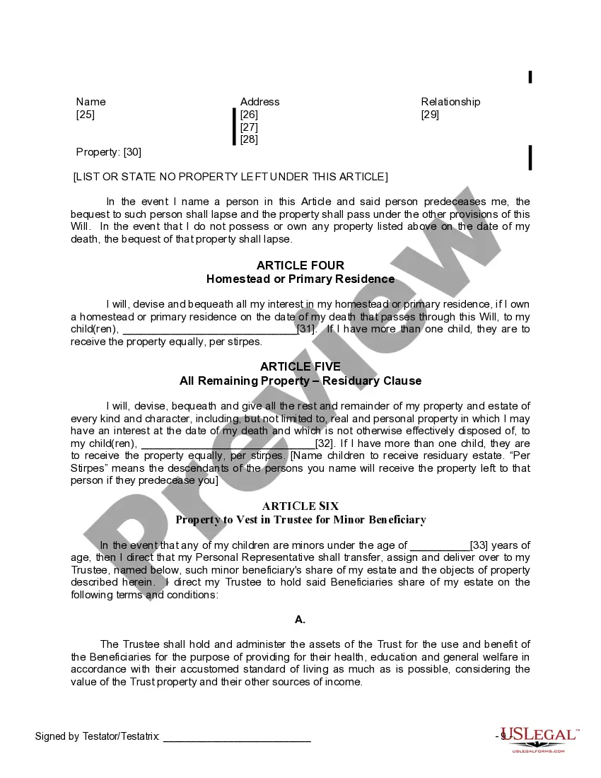 Preview Last Will and Testament for a Widow or Widower with Adult and Minor Children
