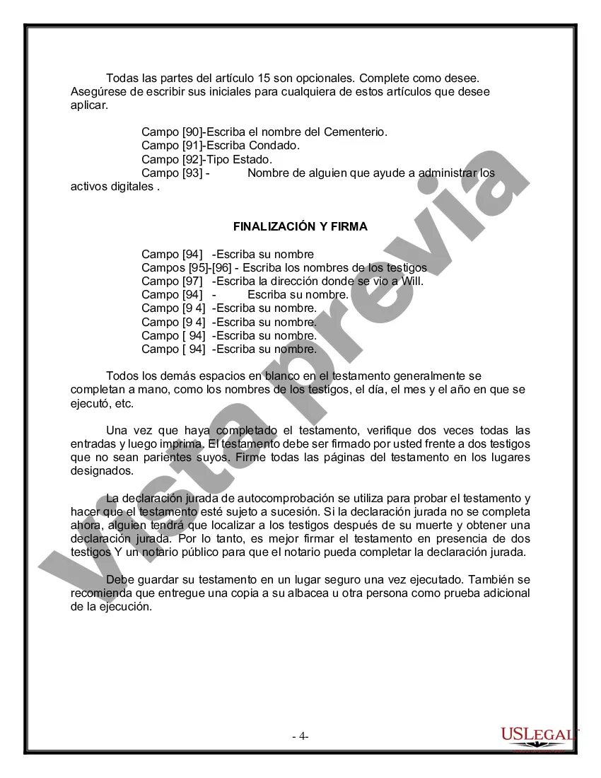 Preview Formulario Legal de Última Voluntad y Testamento para Persona Divorciada y Recasada con Hijos Míos, Tuyos y Nuestros