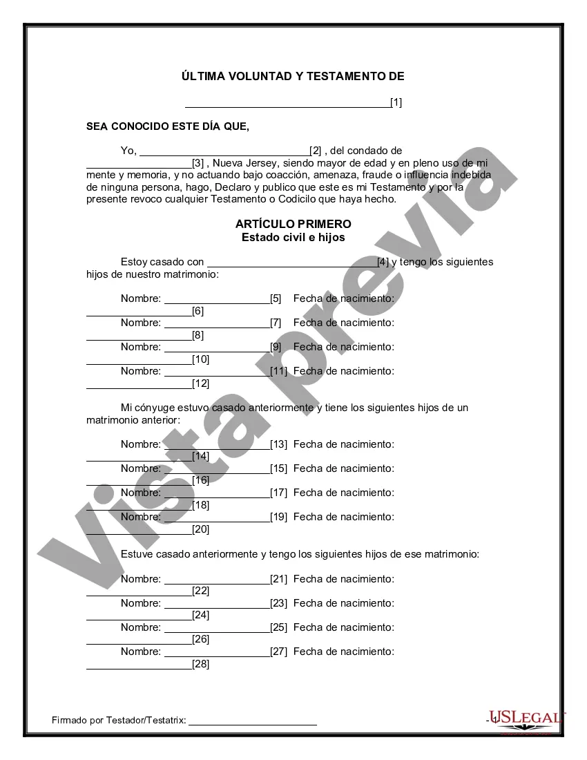 Preview Formulario Legal de Última Voluntad y Testamento para Persona Divorciada y Recasada con Hijos Míos, Tuyos y Nuestros