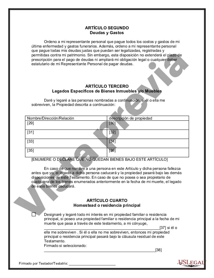 Preview Formulario Legal de Última Voluntad y Testamento para Persona Divorciada y Recasada con Hijos Míos, Tuyos y Nuestros