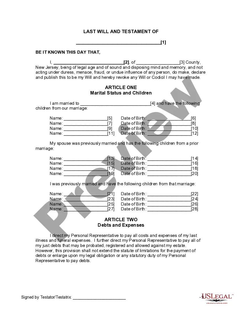 Preview Last Will and Testament for Divorced and Remarried Person with Mine, Yours and Ours Children