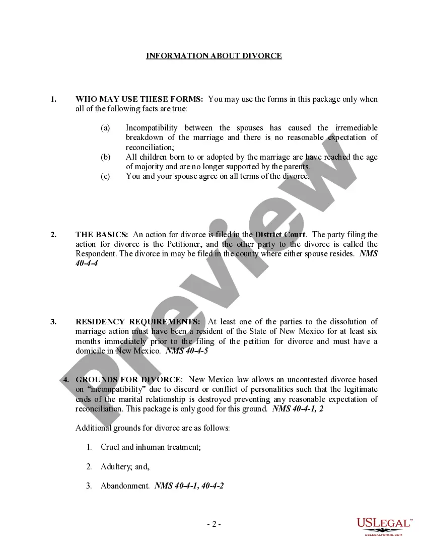 Get New Mexico No-Fault Uncontested Agreed Divorce Package for Dissolution of Marriage with Adult Children and with or without Property and Debts Preview New Mexico No-Fault Uncontested Agreed Divorce Package for Dissolution of Marriage with Adult Children and with or without Property and Debts