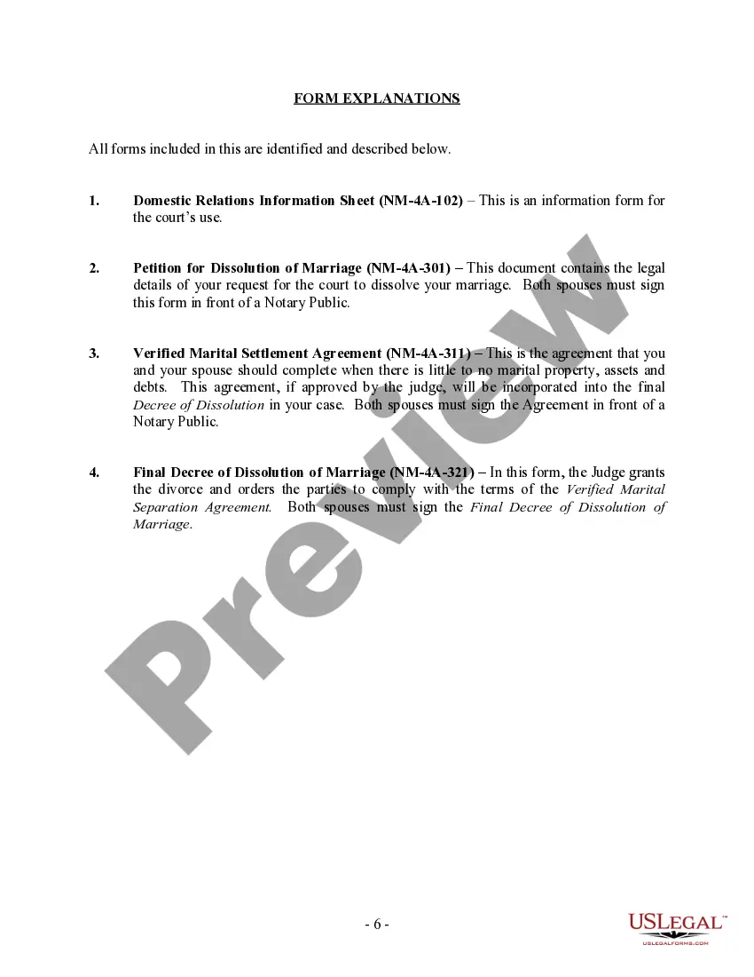 Get New Mexico No-Fault Uncontested Agreed Divorce Package for Dissolution of Marriage with Adult Children and with or without Property and Debts Preview New Mexico No-Fault Uncontested Agreed Divorce Package for Dissolution of Marriage with Adult Children and with or without Property and Debts