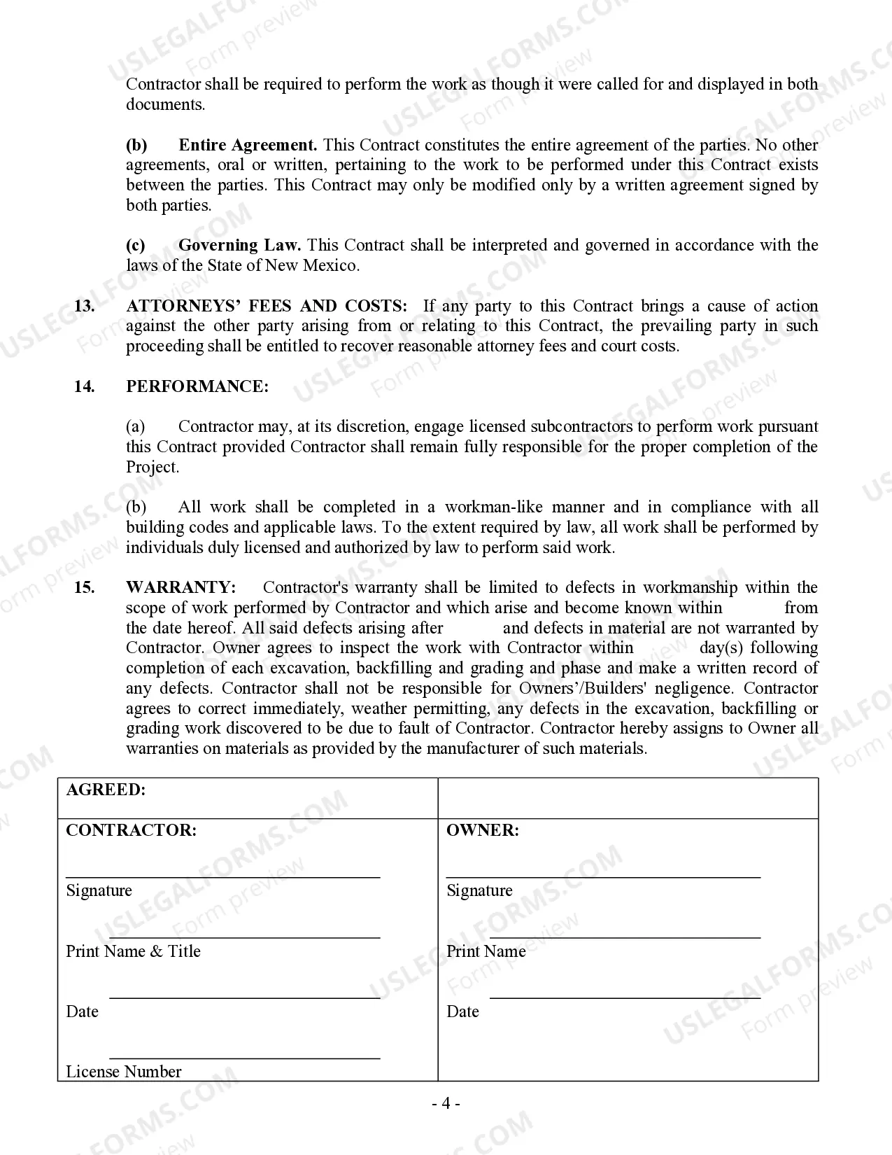 Preview Excavator Contract for Contractor