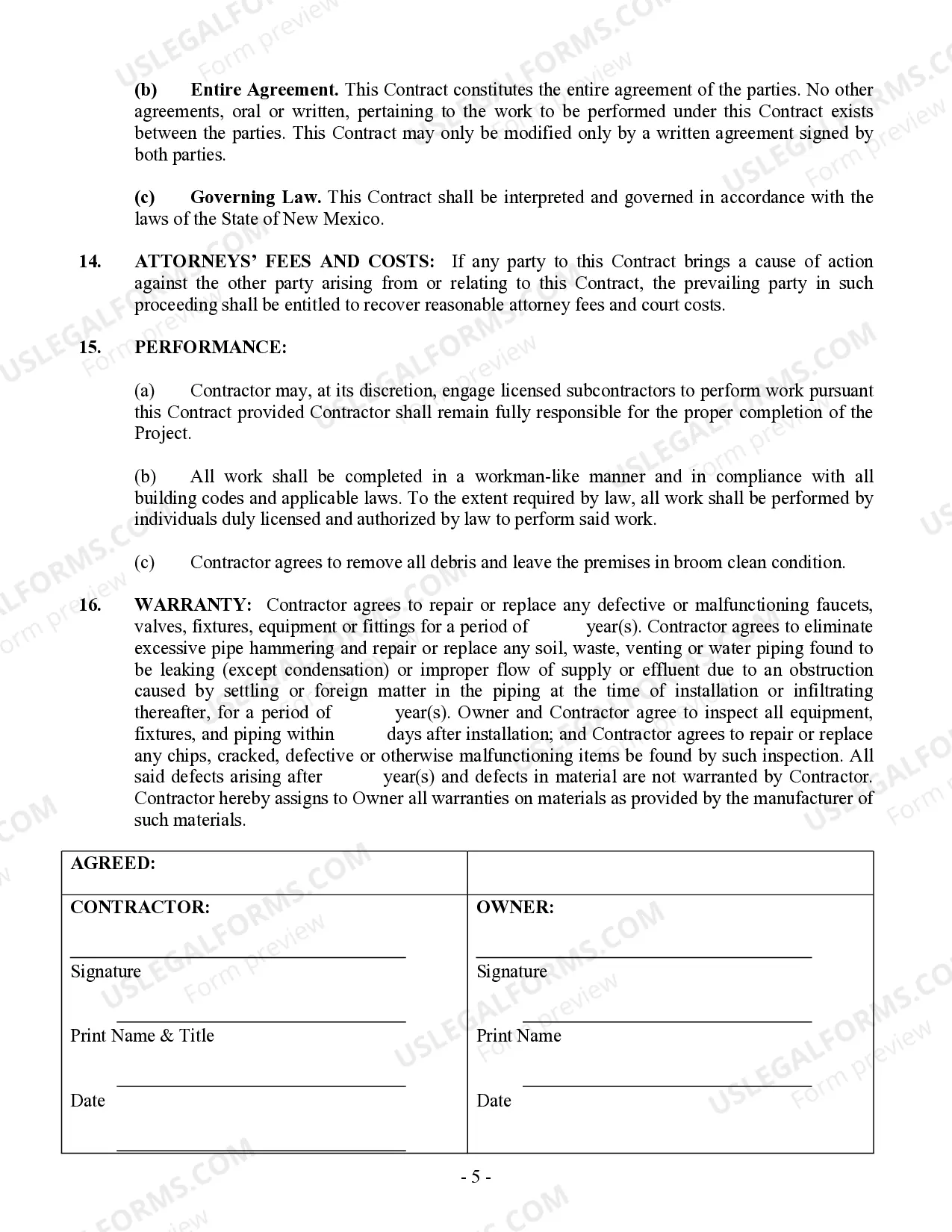 Preview Plumbing Contract for Contractor