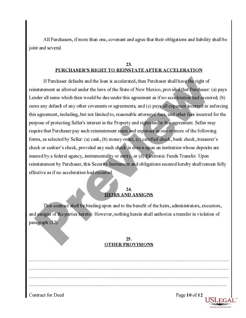 Preview Agreement or Contract for Deed for Sale and Purchase of Real Estate a/k/a Land or Executory Contract