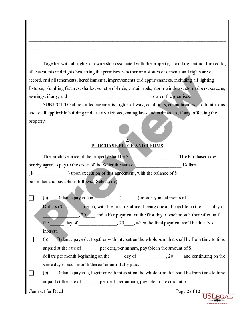 Preview Agreement or Contract for Deed for Sale and Purchase of Real Estate a/k/a Land or Executory Contract