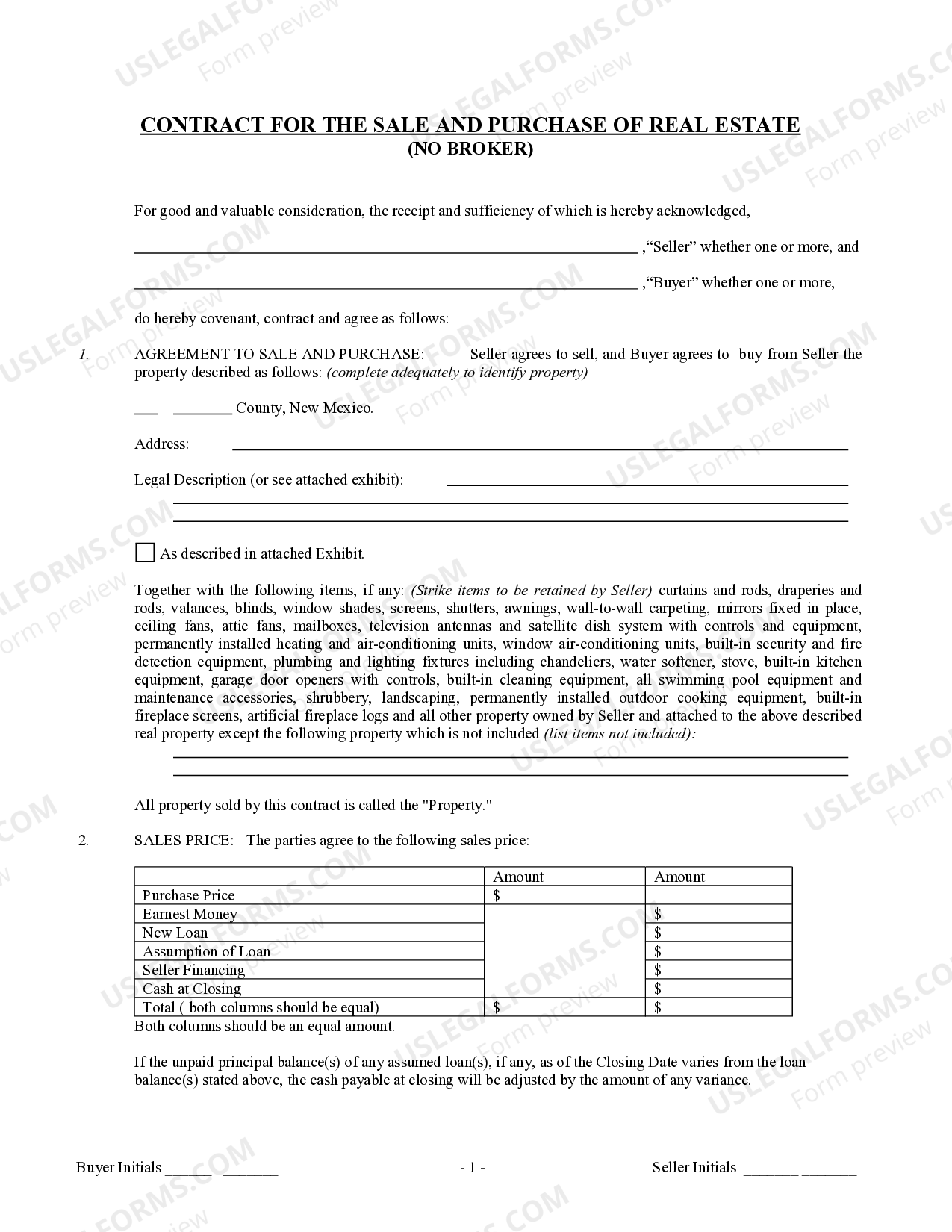 New Mexico Contract for Sale and Purchase of Real Estate with No Broker