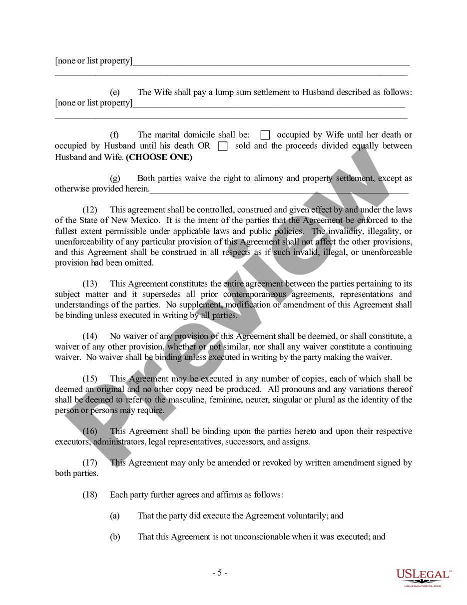 page 4 New Mexico Prenuptial Premarital Agreement - Uniform Premarital Agreement Act - with Financial Statements preview
