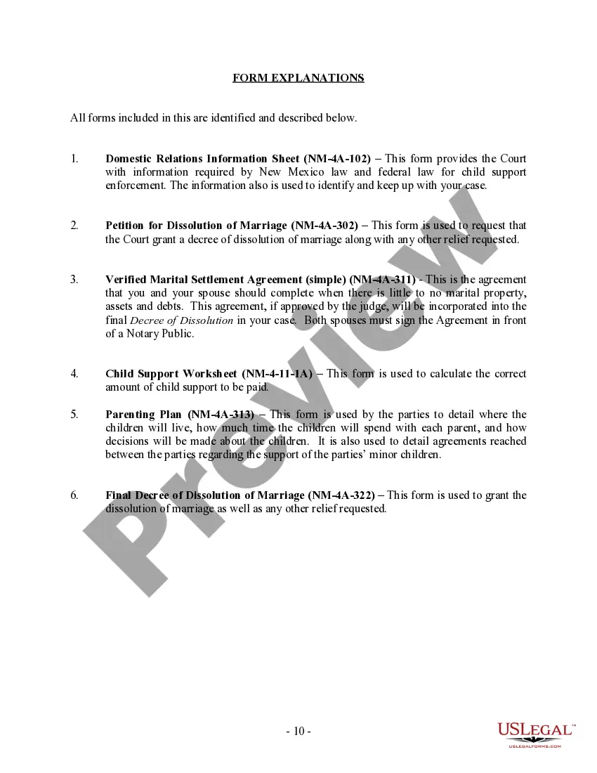 Preview New Mexico No-Fault Agreed Uncontested Divorce Package for Dissolution of Marriage for people with Minor Children