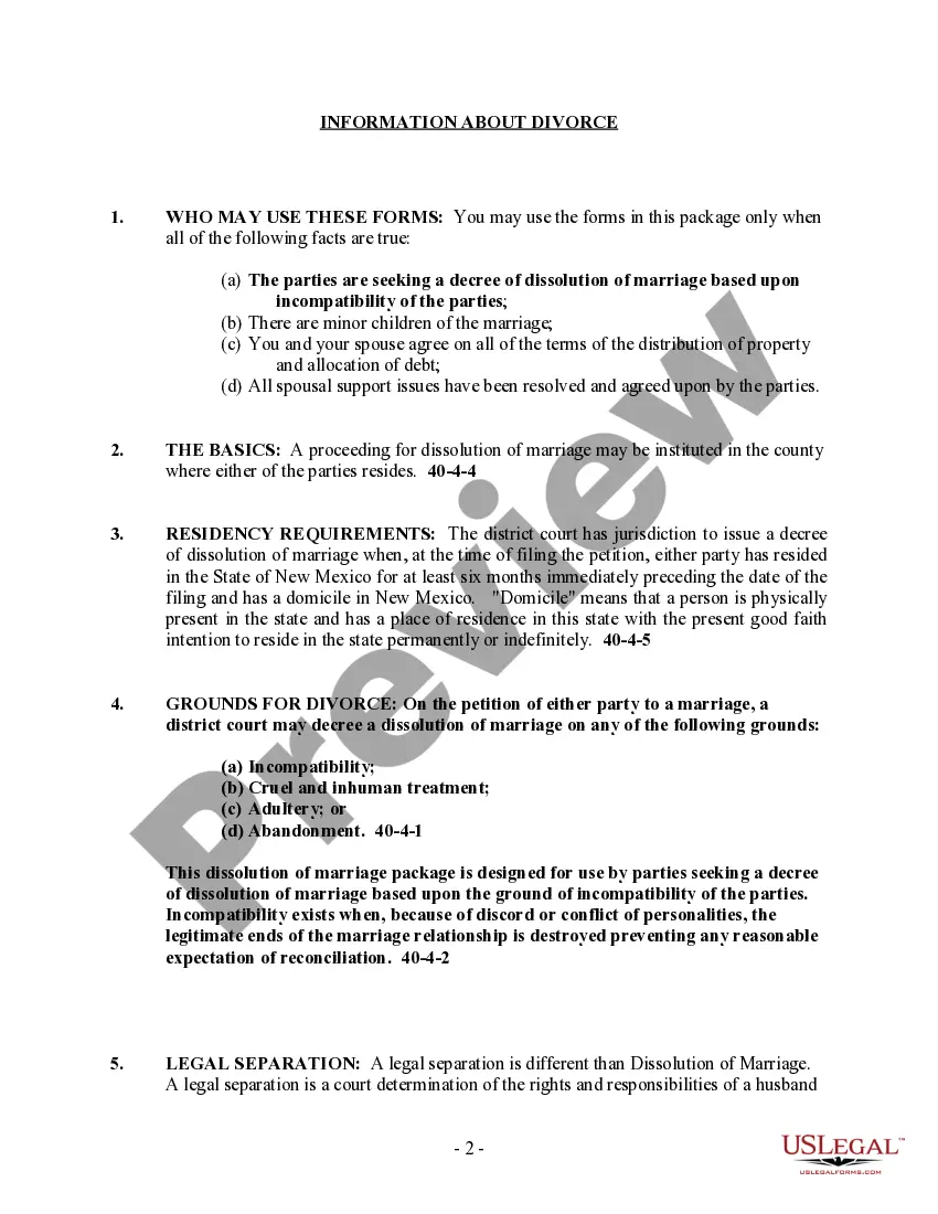 Preview New Mexico No-Fault Agreed Uncontested Divorce Package for Dissolution of Marriage for people with Minor Children