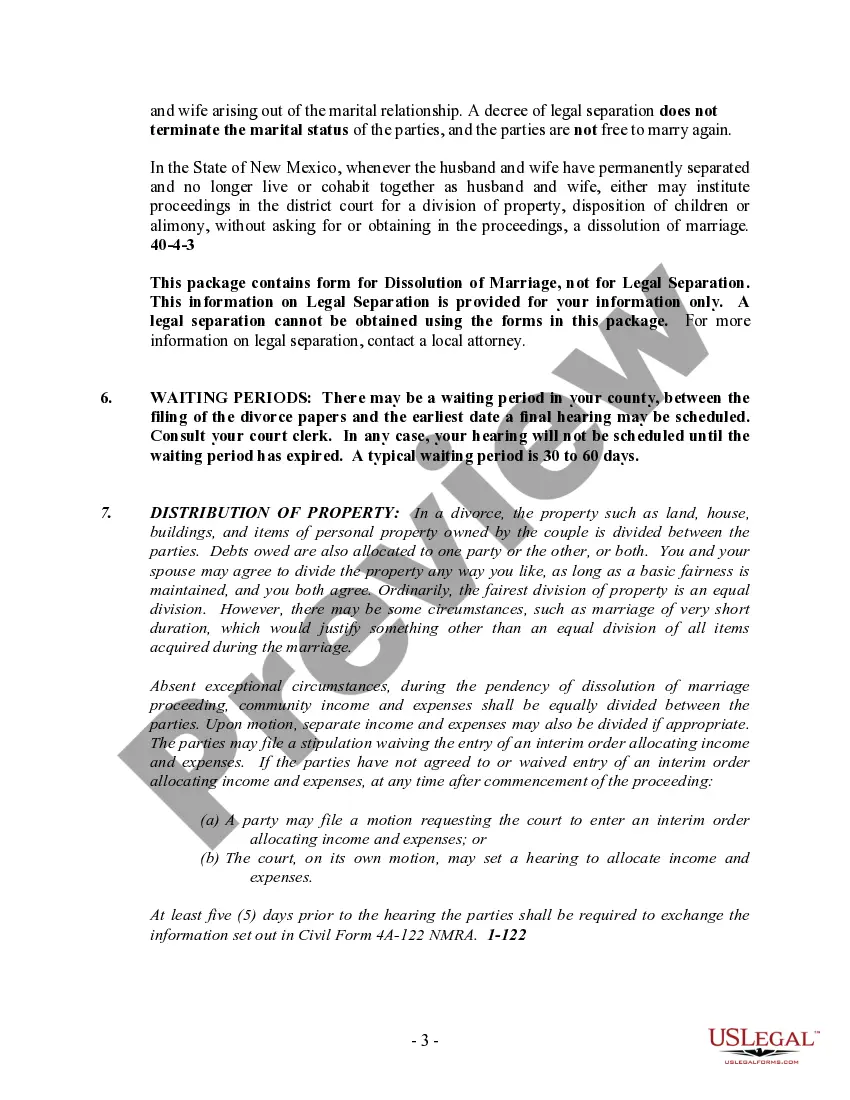Preview New Mexico No-Fault Agreed Uncontested Divorce Package for Dissolution of Marriage for people with Minor Children