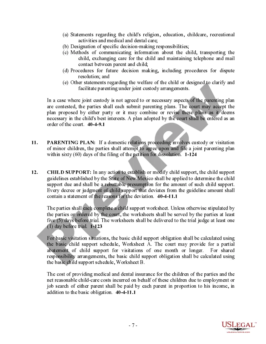 Preview New Mexico No-Fault Agreed Uncontested Divorce Package for Dissolution of Marriage for people with Minor Children