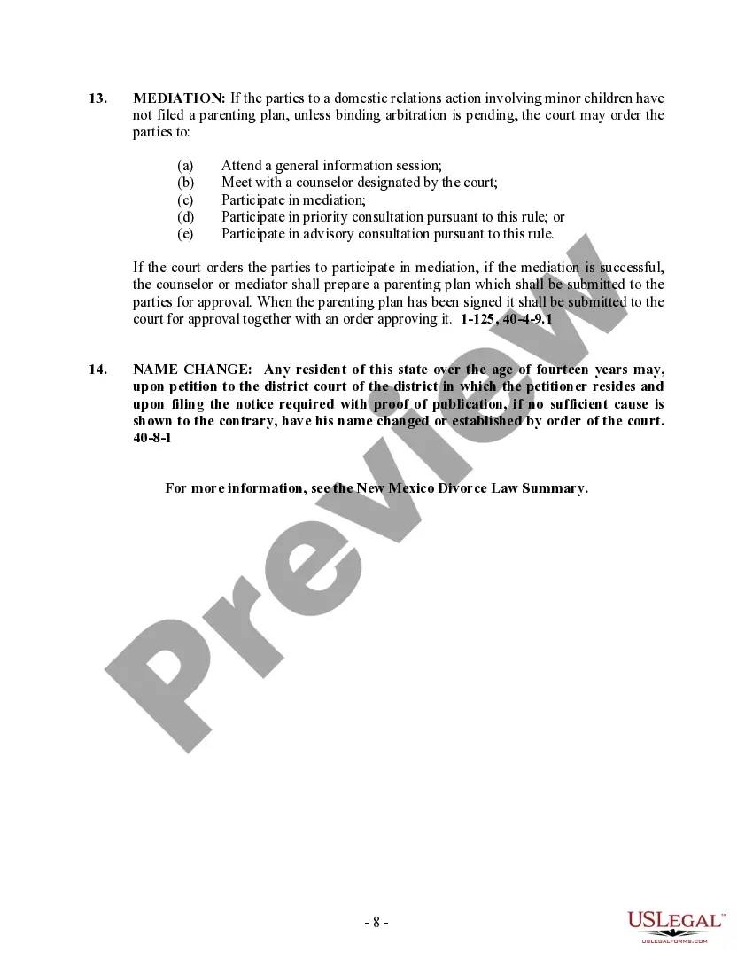 Preview New Mexico No-Fault Agreed Uncontested Divorce Package for Dissolution of Marriage for people with Minor Children