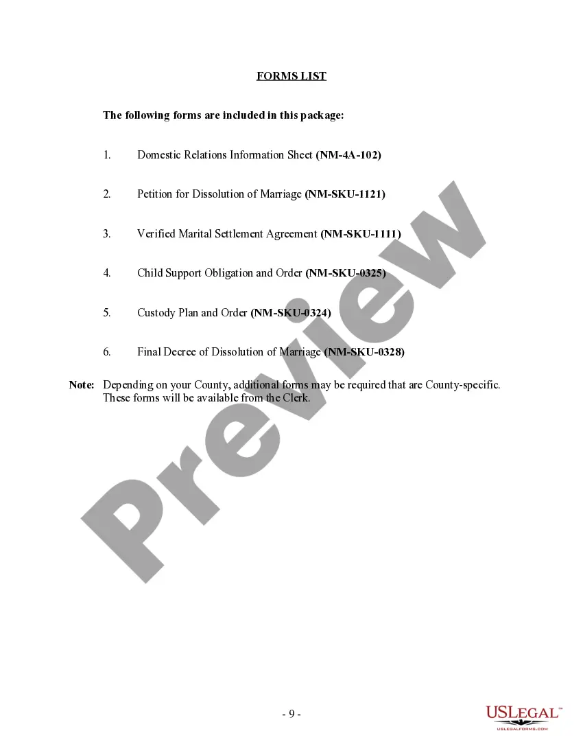 Preview New Mexico No-Fault Agreed Uncontested Divorce Package for Dissolution of Marriage for people with Minor Children
