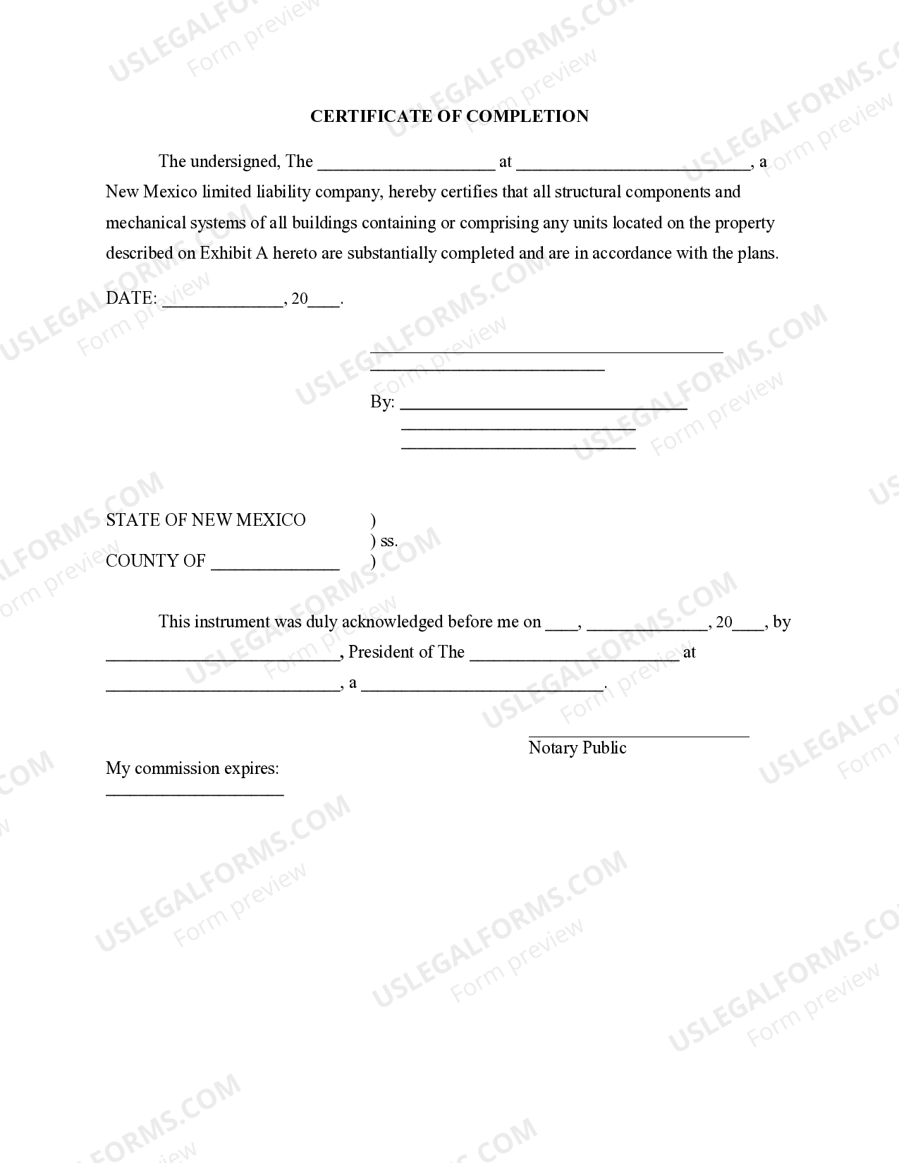 New Mexico Certificate of Completion | US Legal Forms