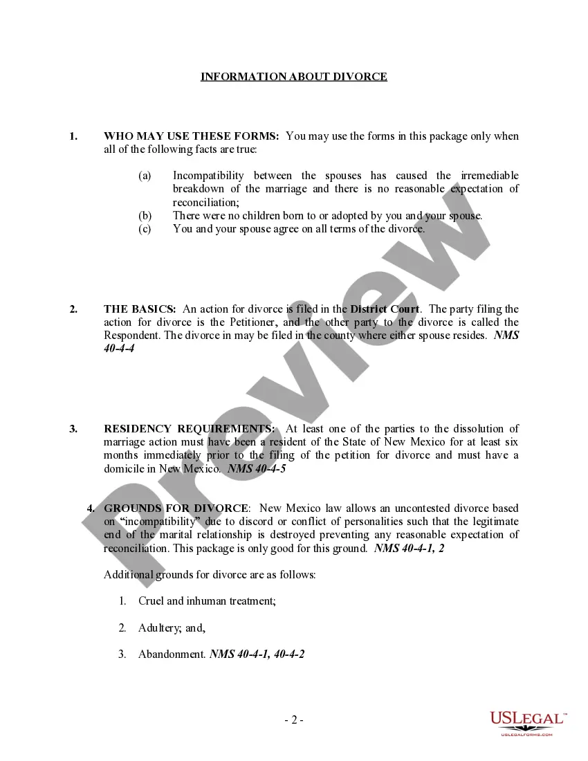 Preview New Mexico No-Fault Agreed Uncontested Divorce Package for Dissolution of Marriage for Persons with No Children with or without Property and Debts